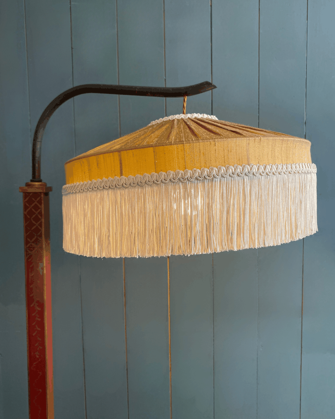 1920s Chinese Lacquered Lamp with Contemporary Silk Fringe Shade