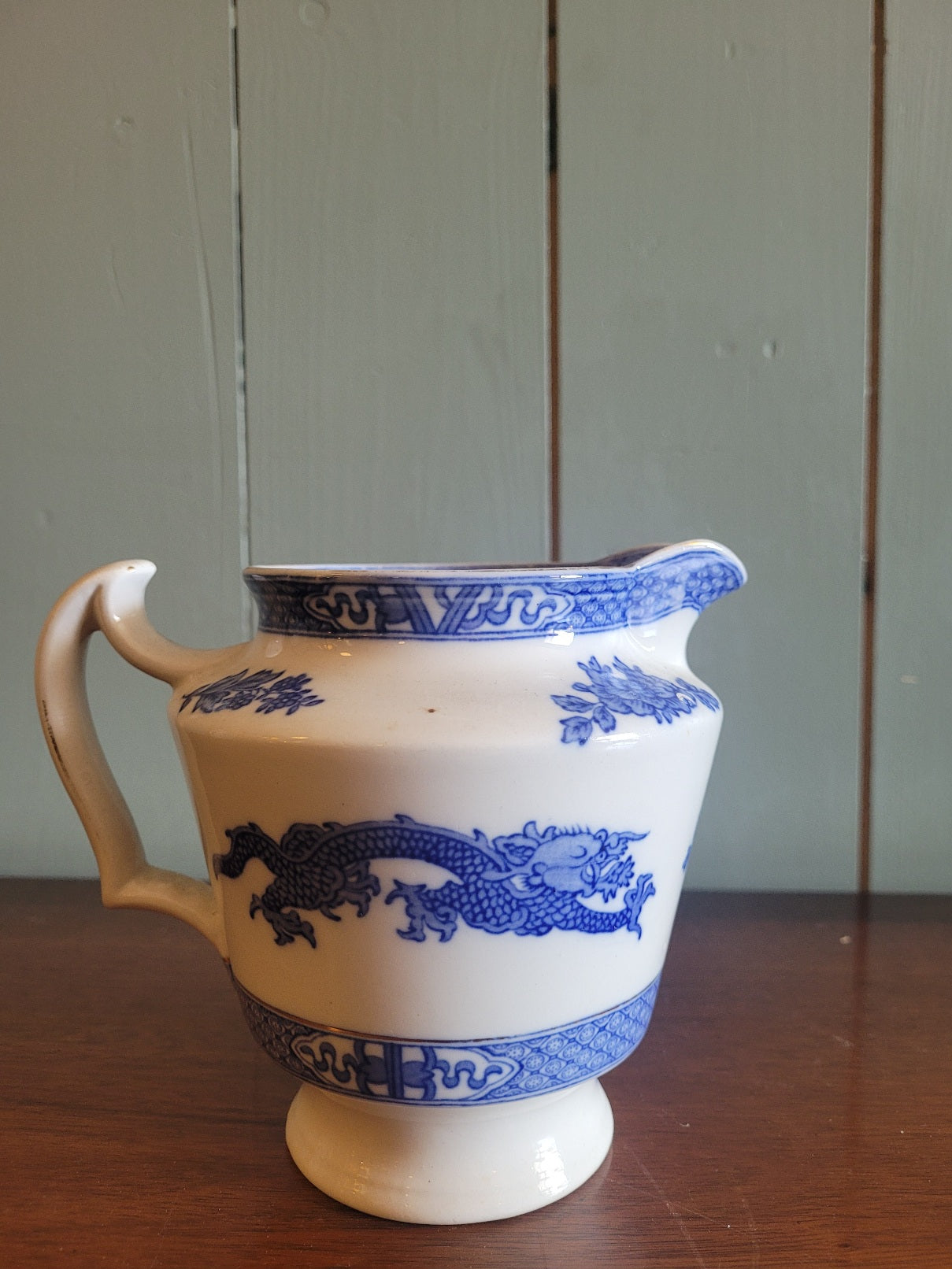Antique Blue and White Staffordshire Pitcher with Chinoiserie Transfer by Cauldon England
