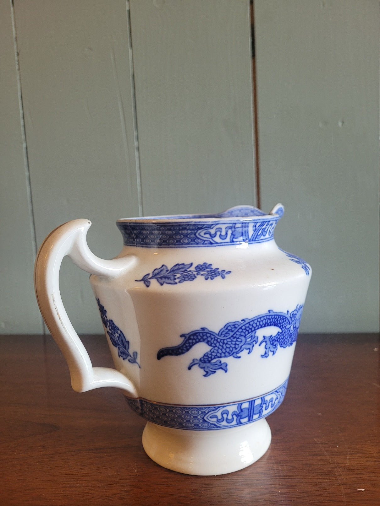 Antique Blue and White Staffordshire Pitcher with Chinoiserie Transfer by Cauldon England