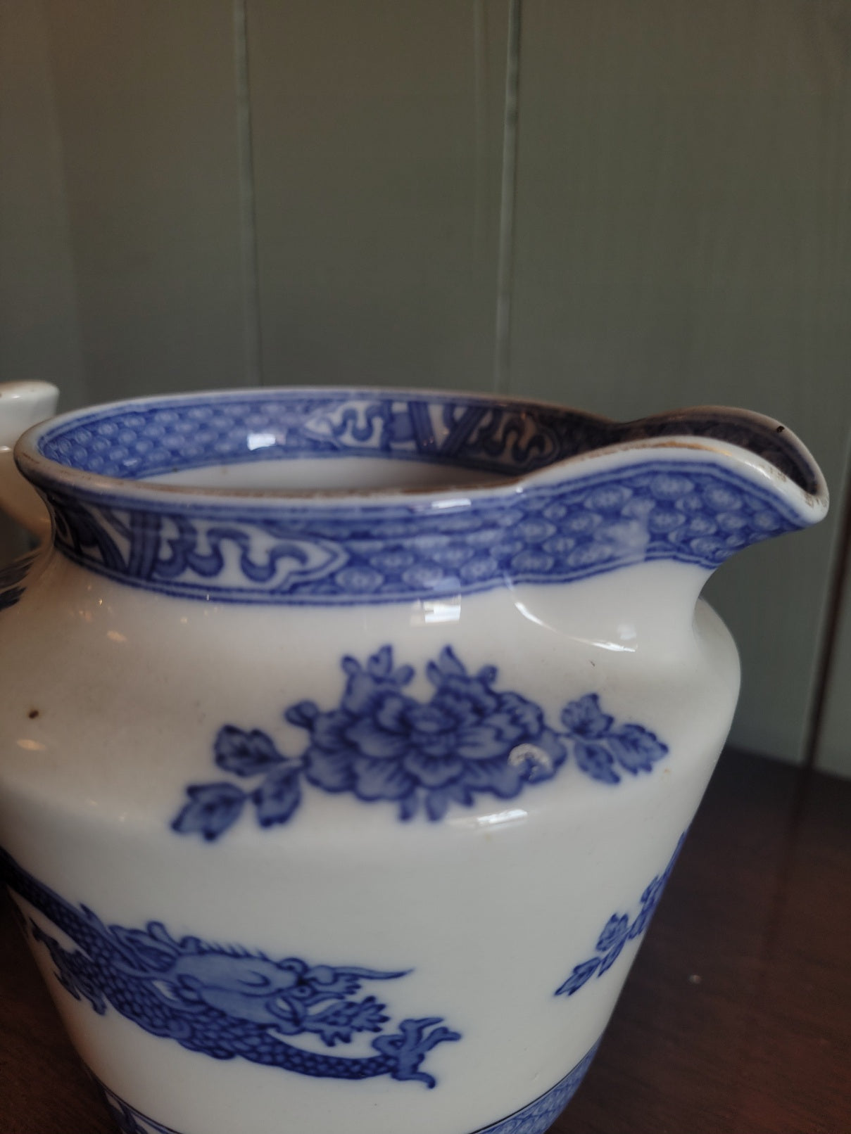 Antique Blue and White Staffordshire Pitcher with Chinoiserie Transfer by Cauldon England