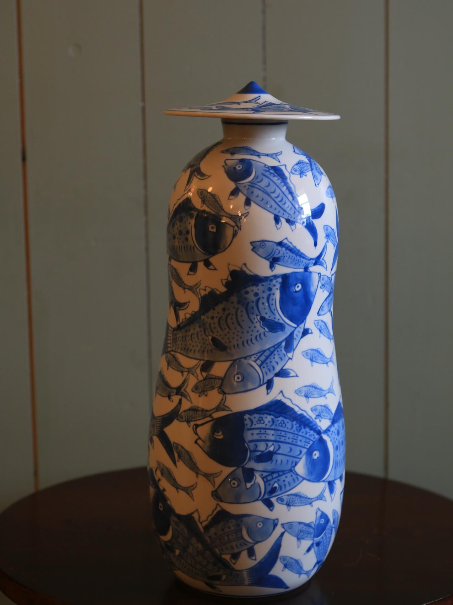 Contemporary Blue and White Hand Painted Koi Fish Lidded Jar