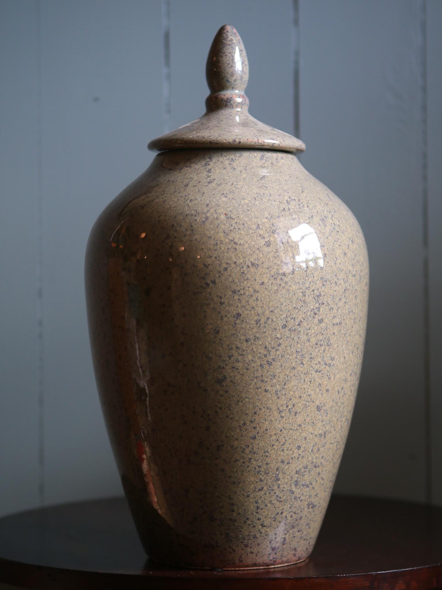 Contemporary Large Green and Mustard Speckled Lidded Jar