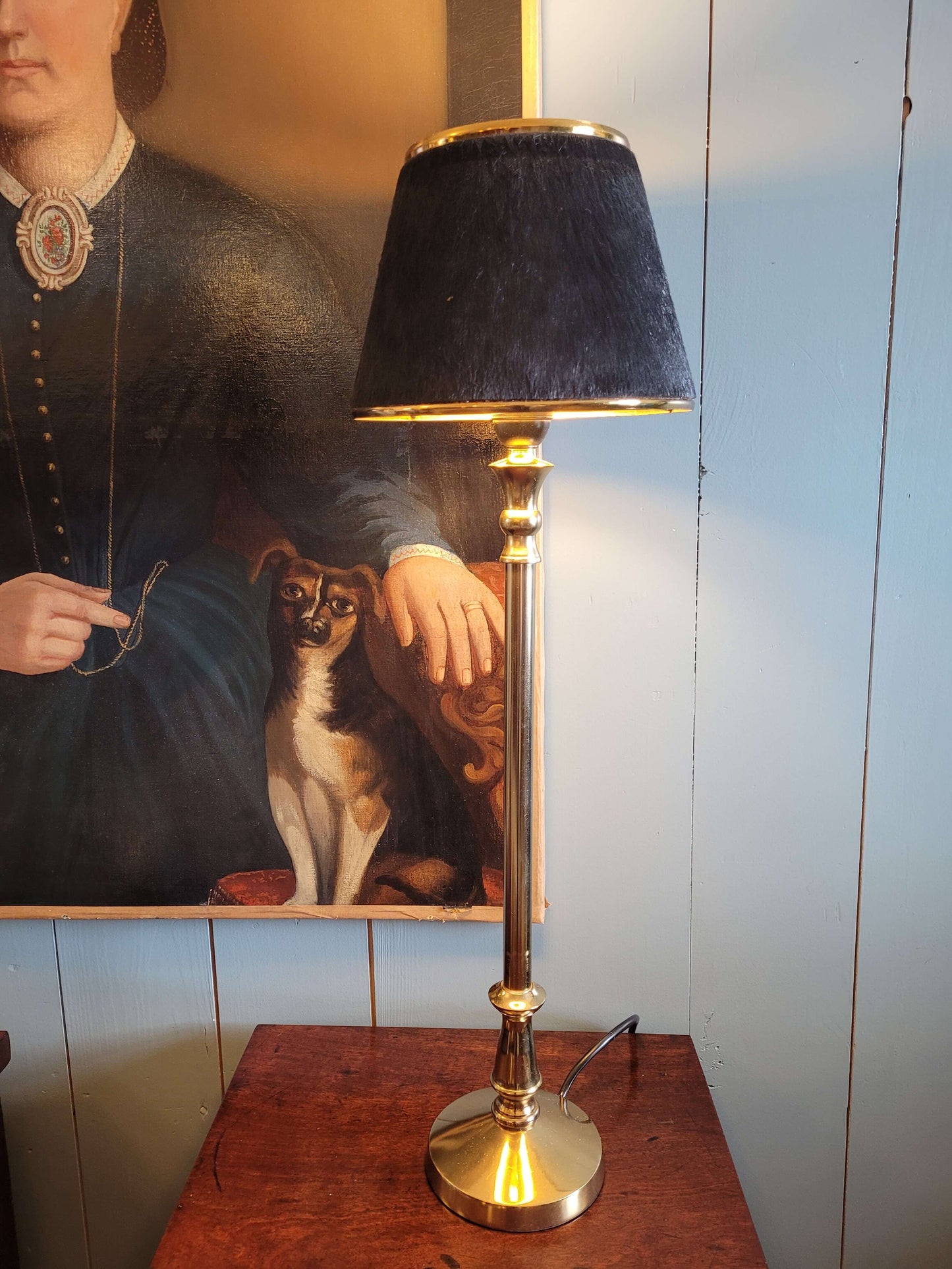 Gold Stem Table Lamp with Black Hide Shade
