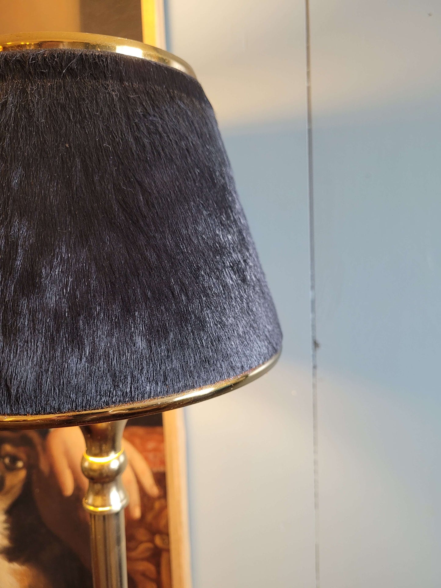 Gold Stem Table Lamp with Black Hide Shade