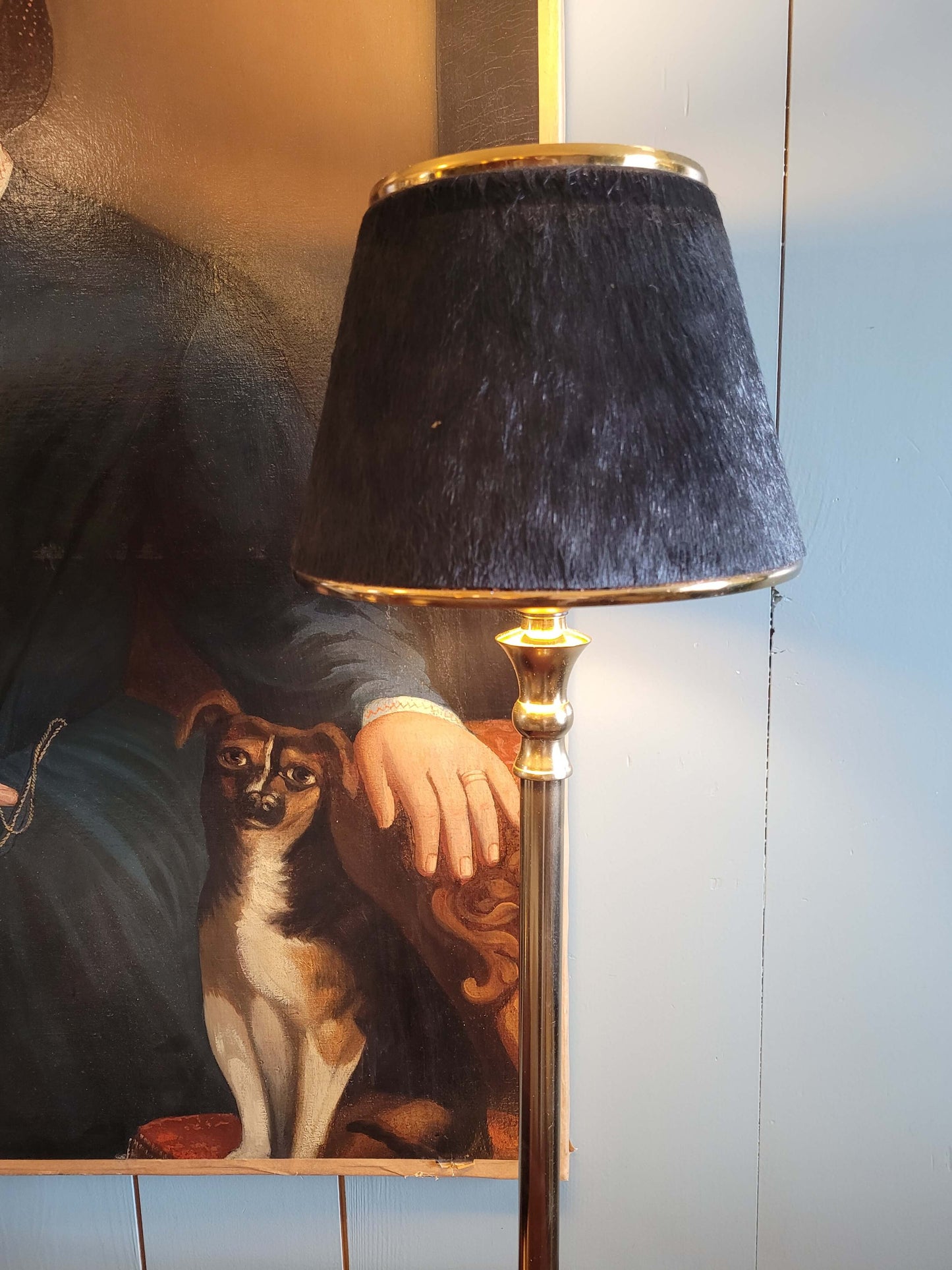 Gold Stem Table Lamp with Black Hide Shade