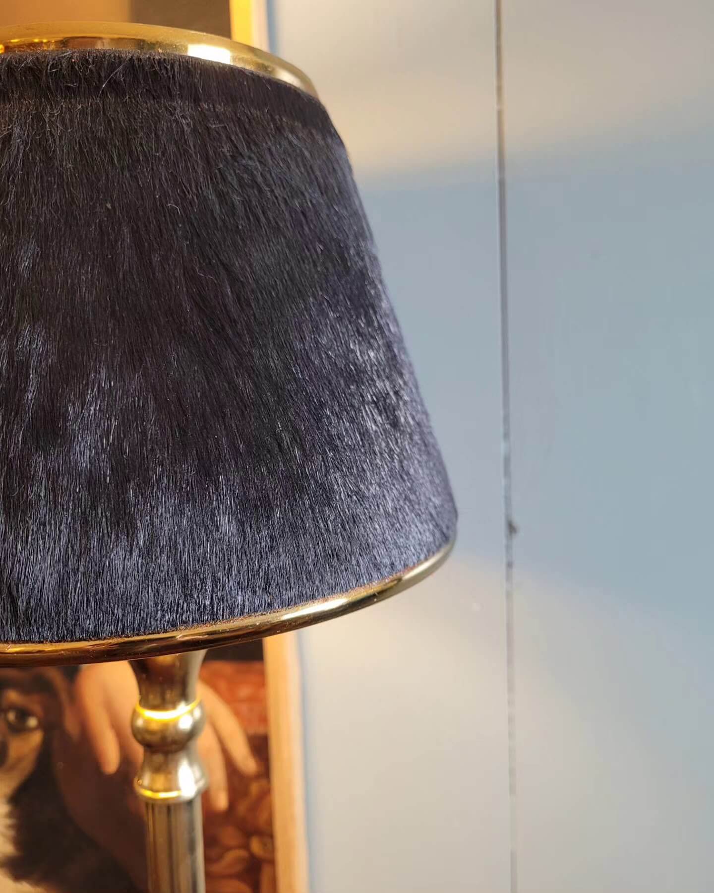 Gold Stem Table Lamp with Black Hide Shade