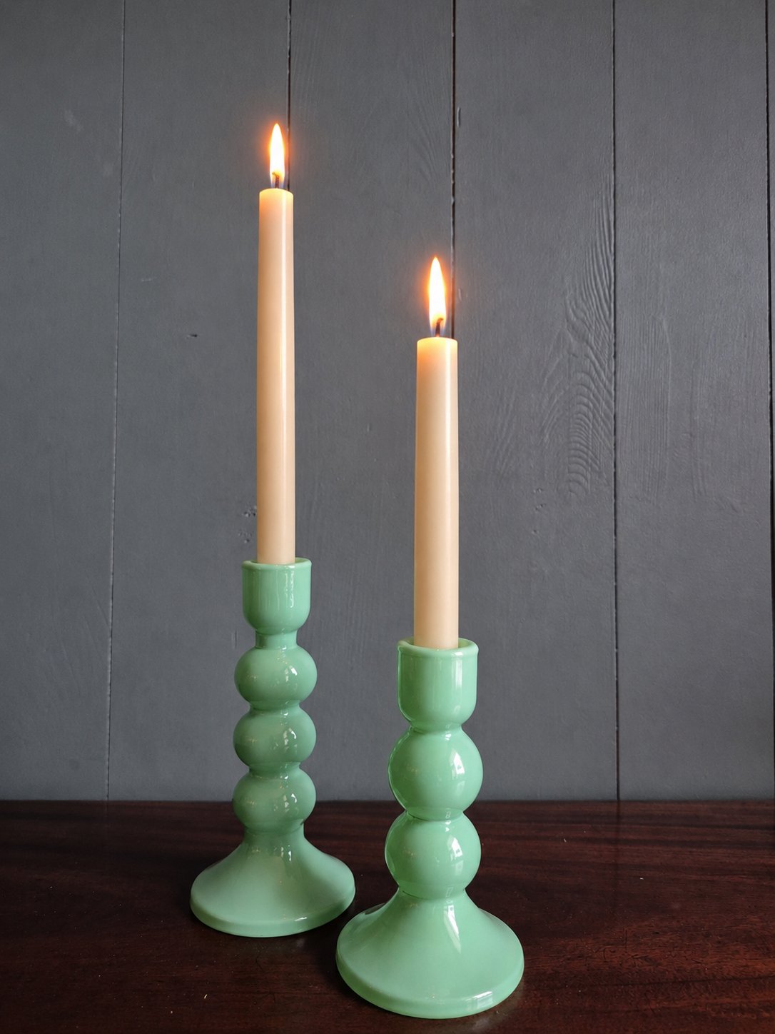 Green Glass Bobbin Candle Holder