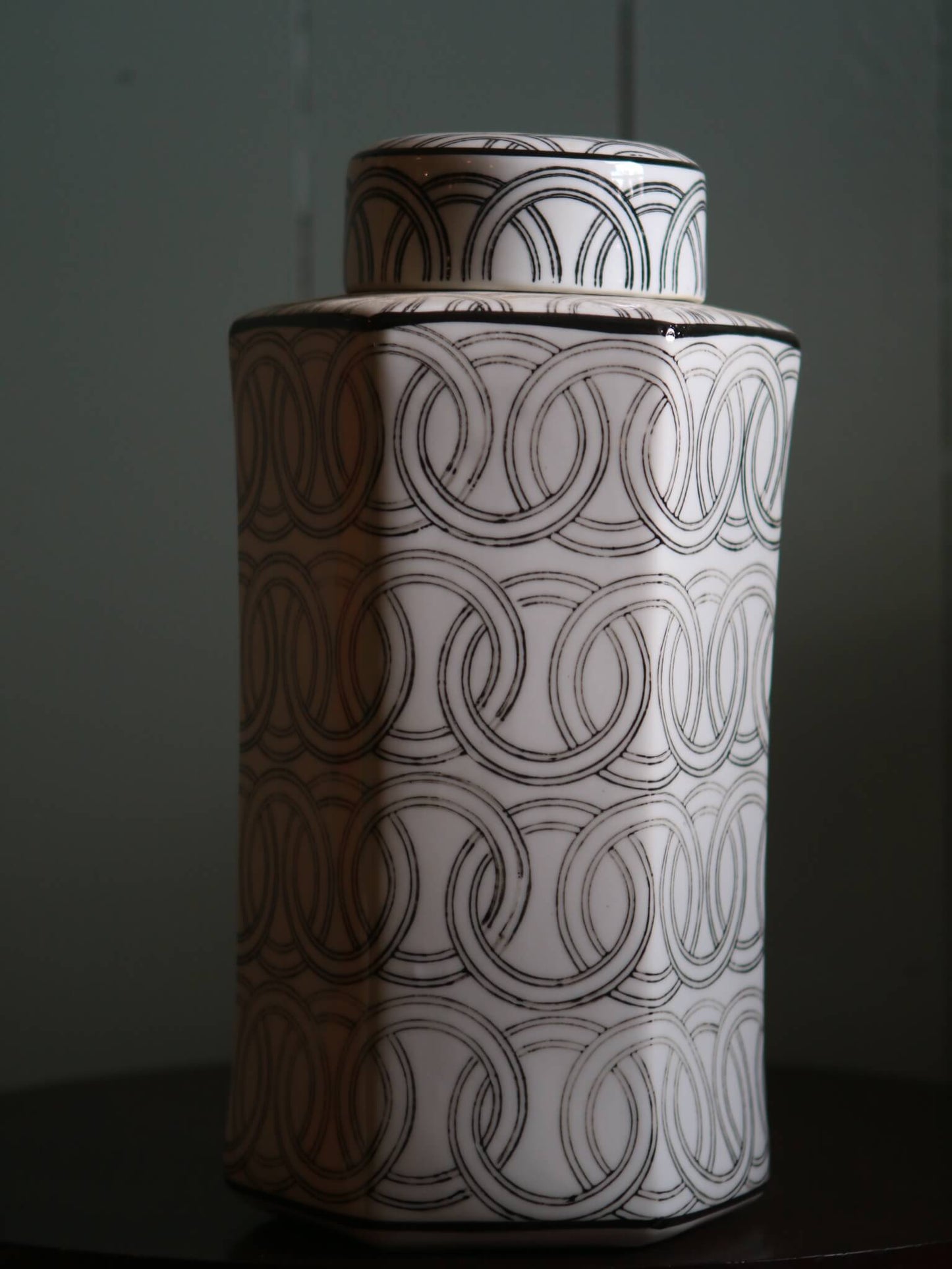 Contemprary Hexagonal Ceramic Lidded Jar with Balck and White Circular Pattern