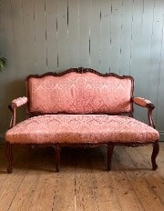 Victorian Oak Carved Settee with Silk Damask