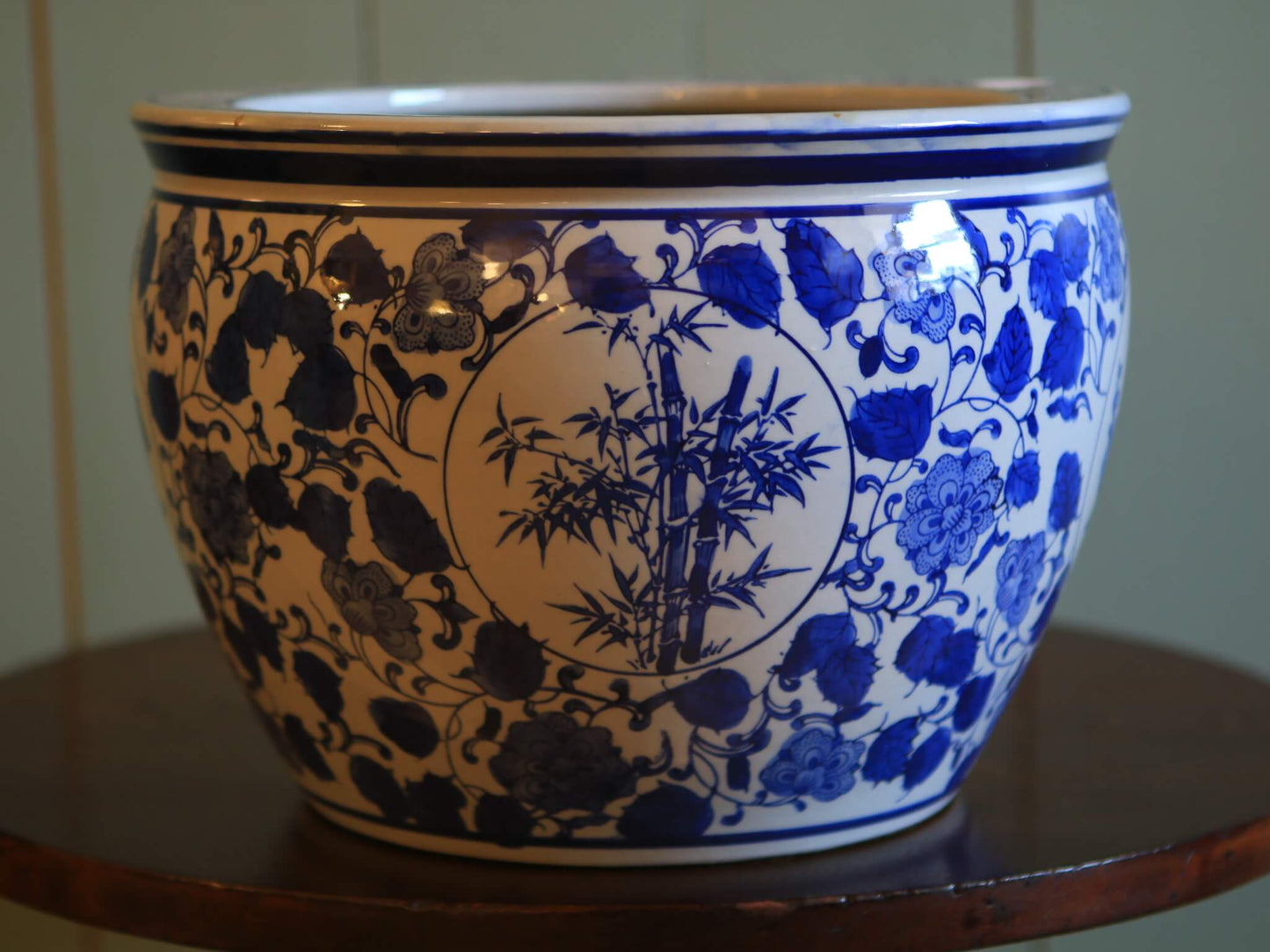 Large Round Blue and White Ceramic Planter