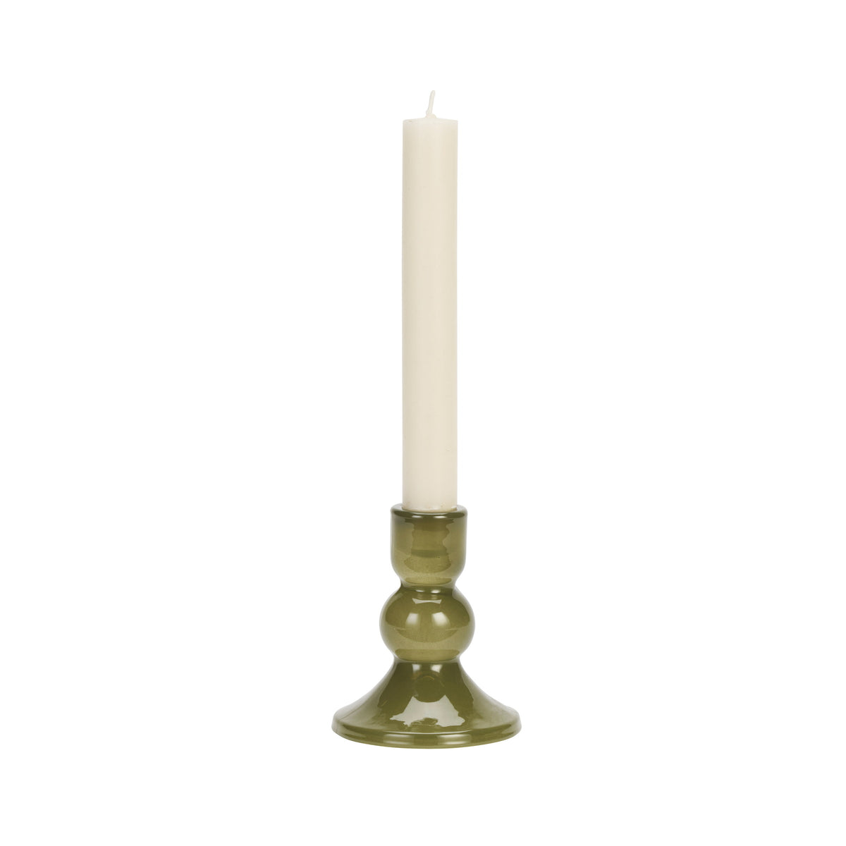 Olive Glass Bobbin Candle Holder 11cm