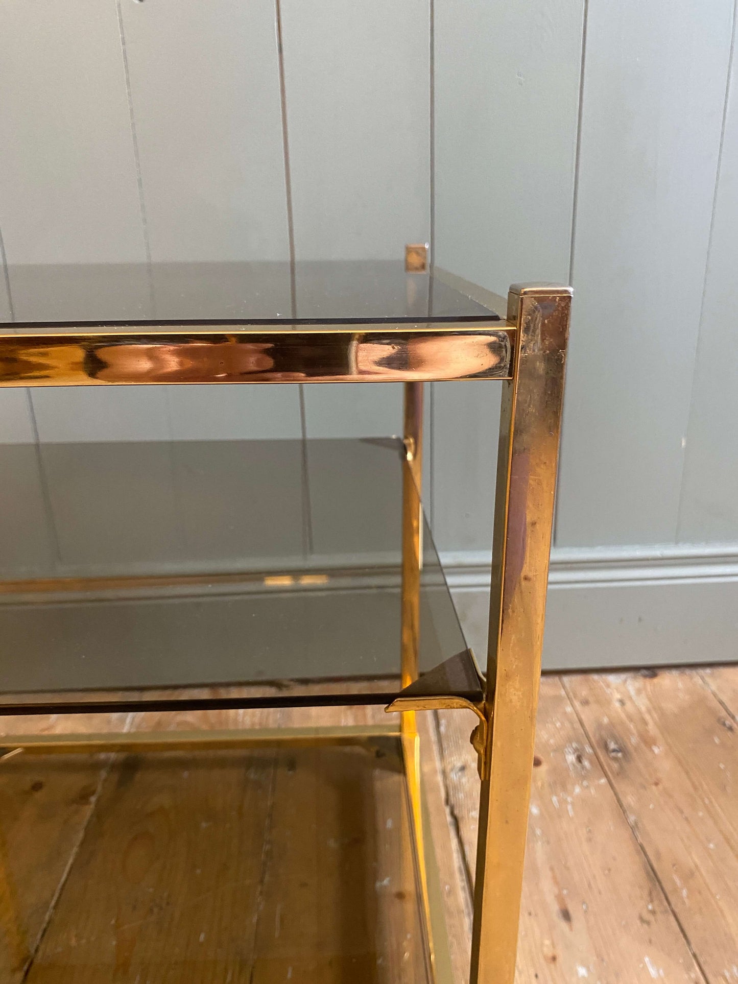 Pair of Vintage Smoked Glass & Brass Side Tables