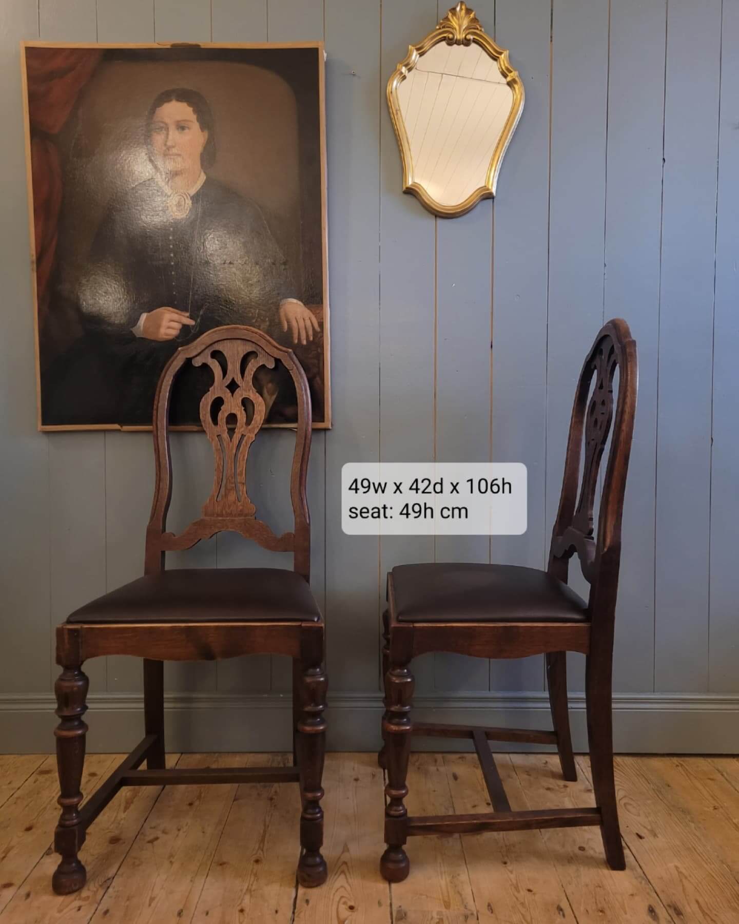 Set of Four Oak Dining Chairs With Leather Seats