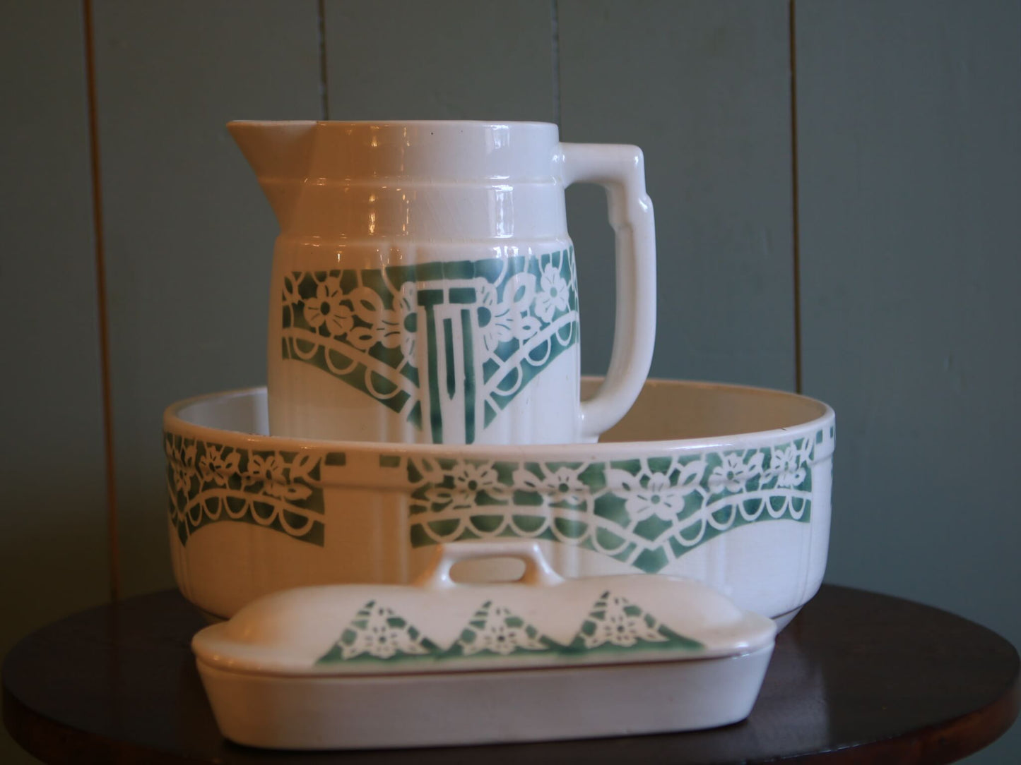 Vintage French Green and White Ceramic Wash Set