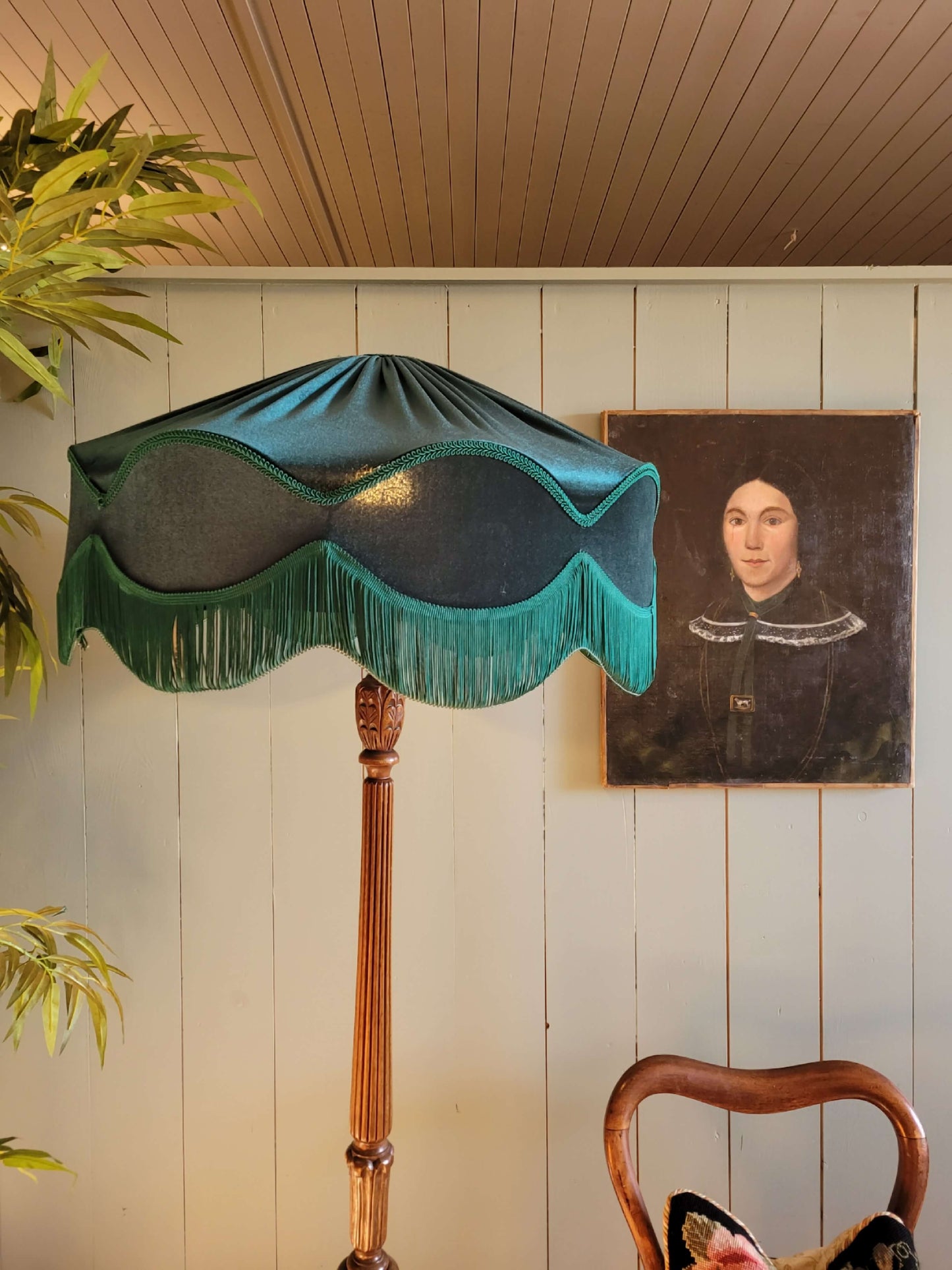 Vintage Turned Oak Base Standard Lamp with Green Velvet Fringe Shade