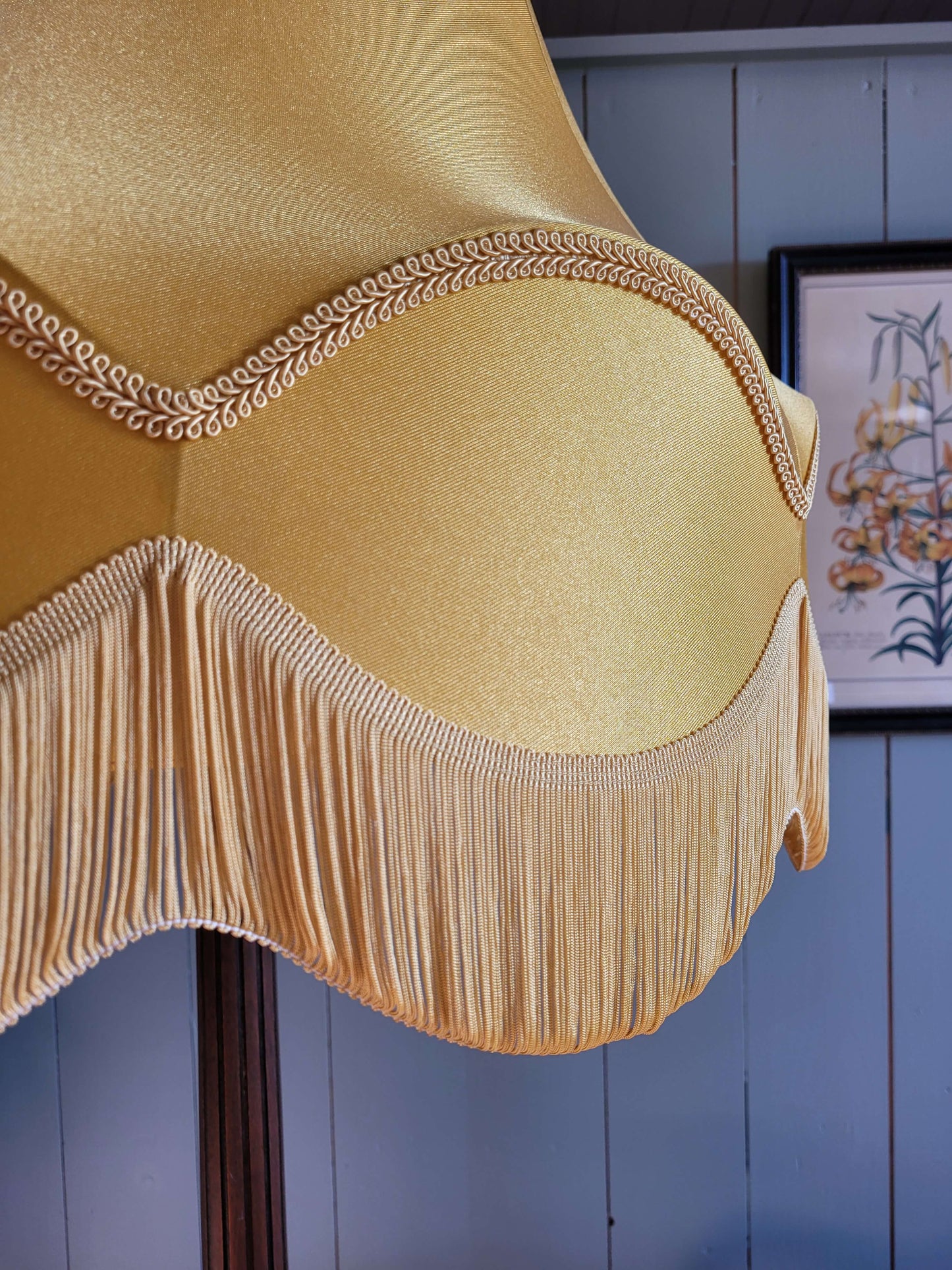 Vintage Turned Wooden Base Standard Lamp with Yellow Fringe Shade