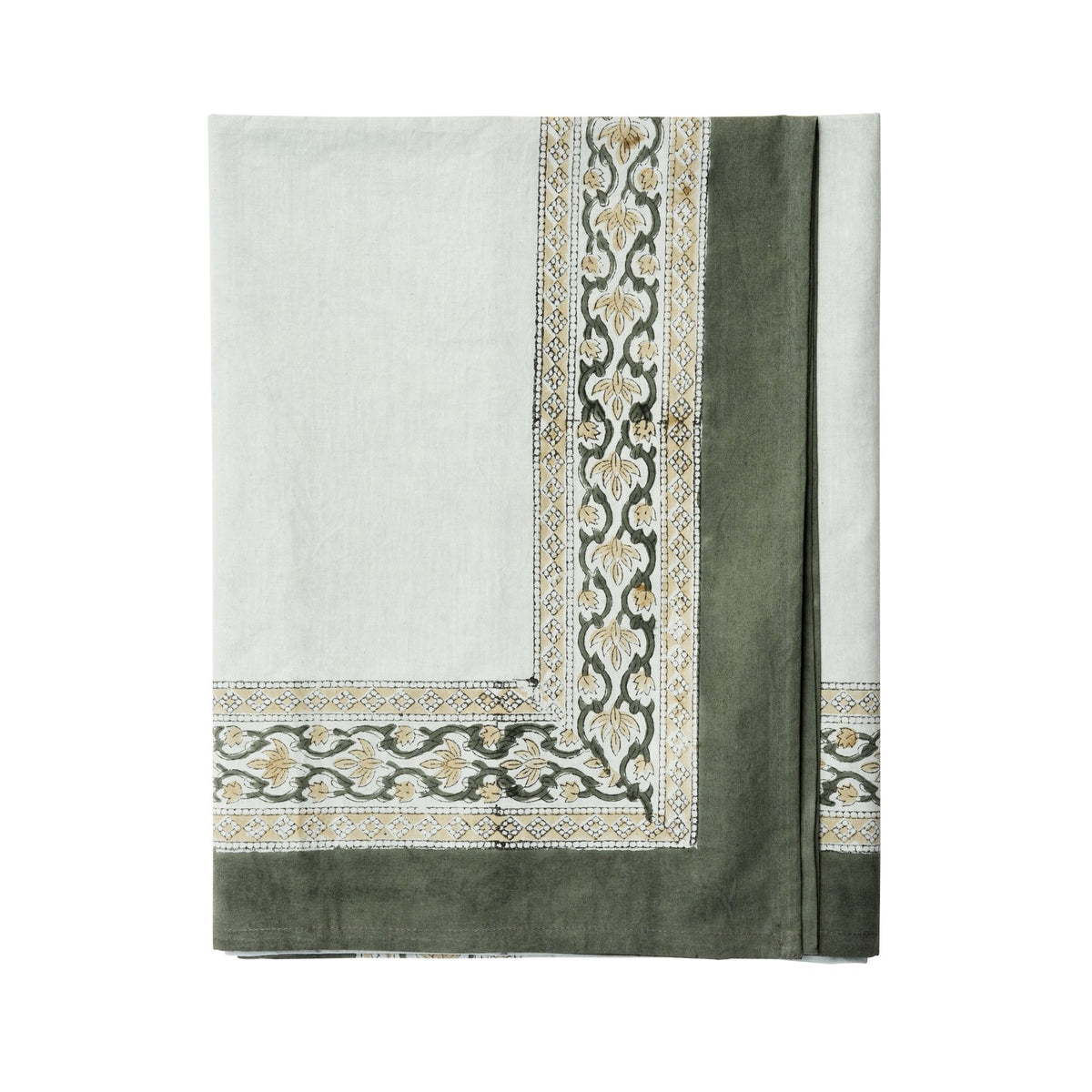Green Beige Block Printed Cotton Tablecloth