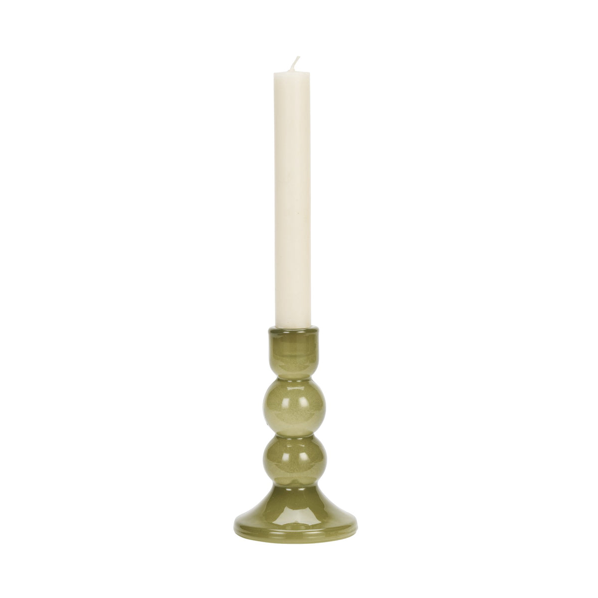 Olive Glass Bobbin Candle Holder 15cm