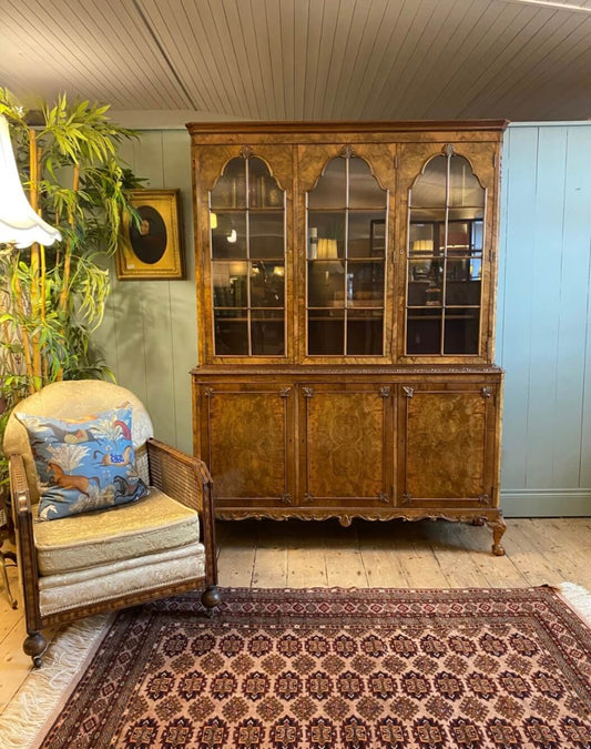 1920's Burr Walnut Glazed Bookcase