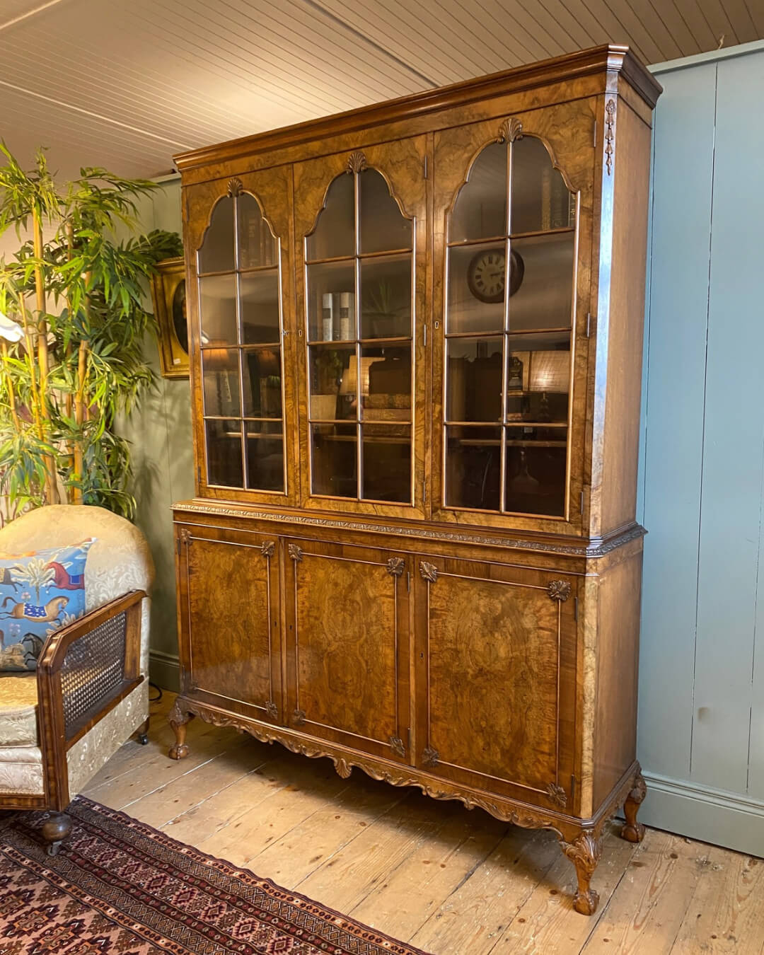 1920's Burr Walnut Glazed Bookcase