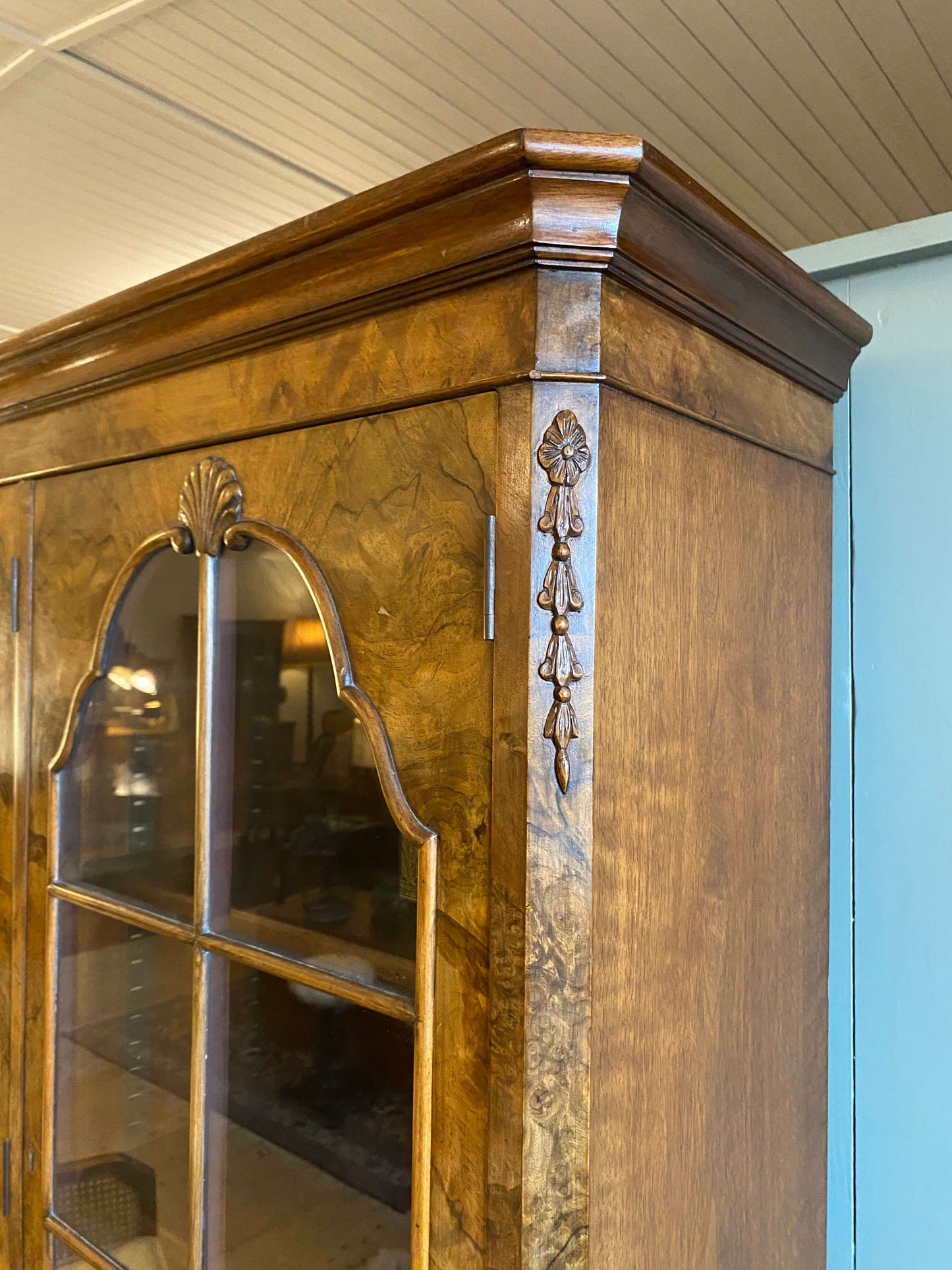1920's Burr Walnut Glazed Bookcase