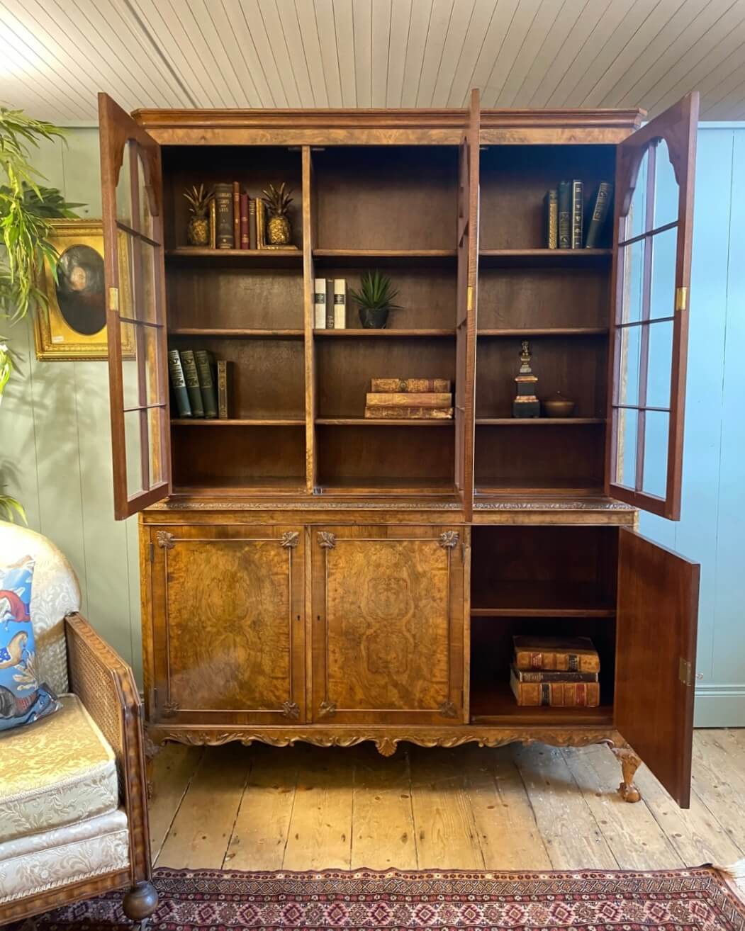 1920's Burr Walnut Glazed Bookcase