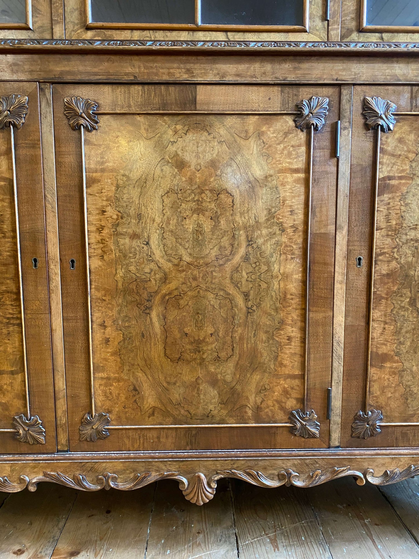 1920's Burr Walnut Glazed Bookcase