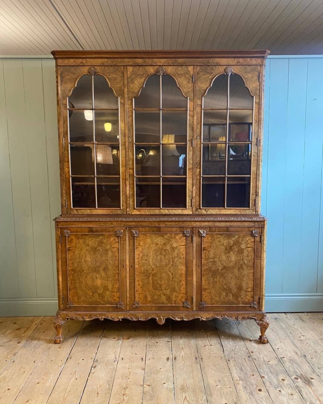 1920's Burr Walnut Glazed Bookcase