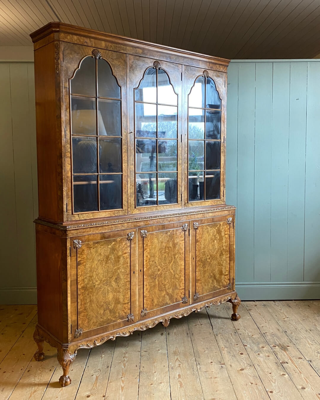 1920's Burr Walnut Glazed Bookcase