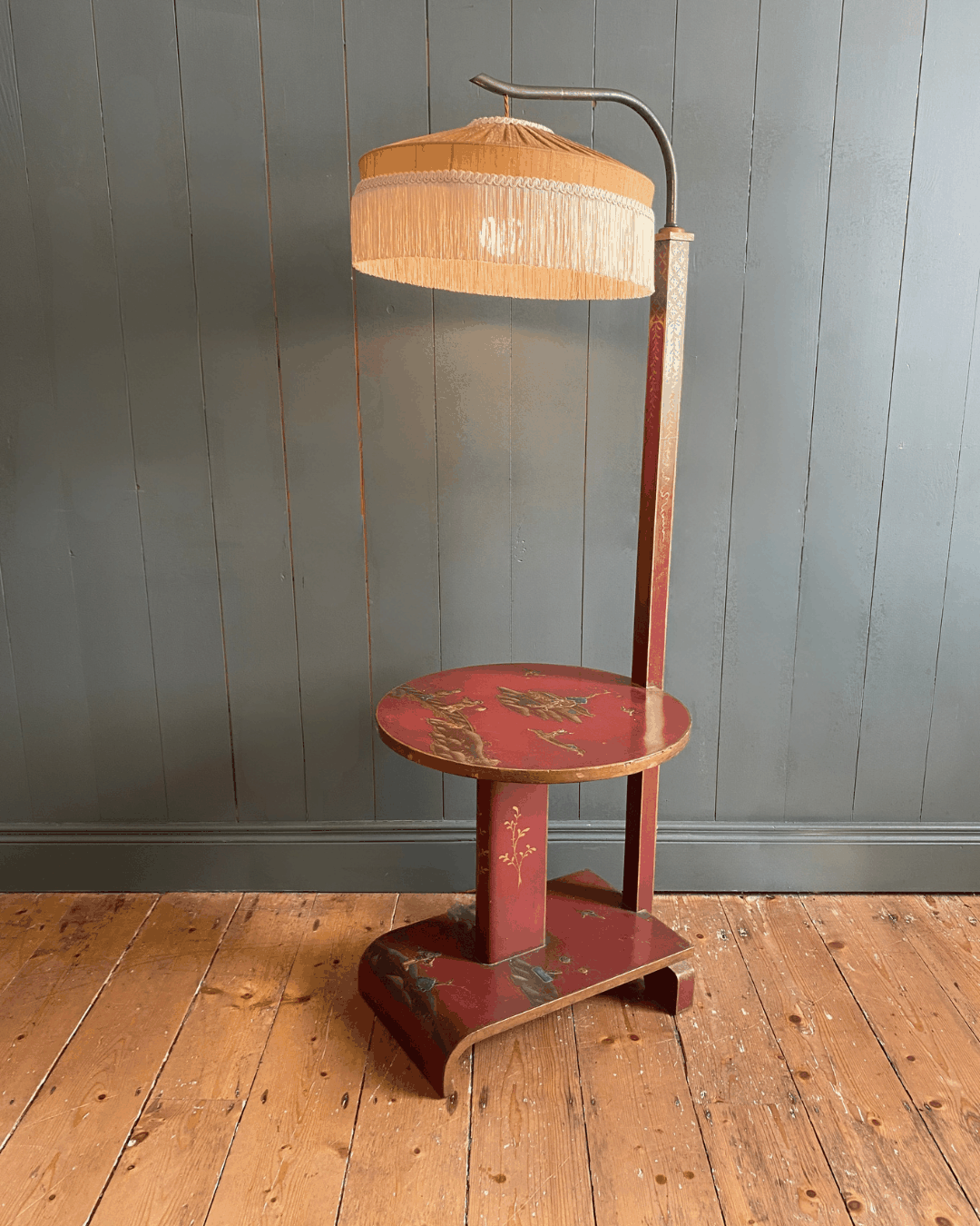 1920s Chinese Lacquered Lamp with Contemporary Silk Fringe Shade