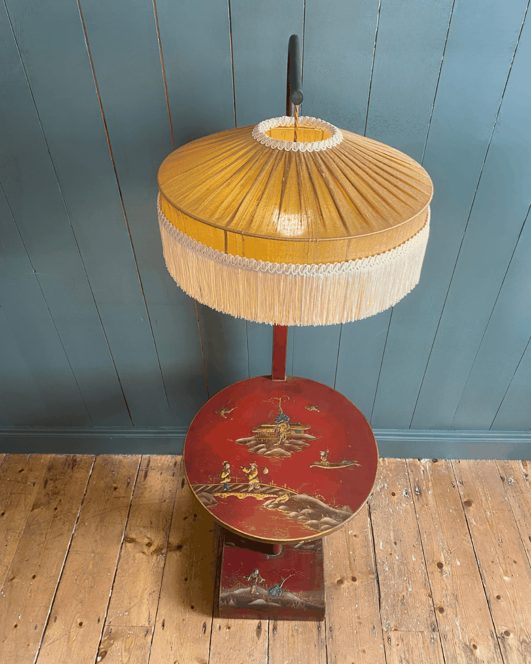 1920s Chinese Lacquered Lamp with Contemporary Silk Fringe Shade