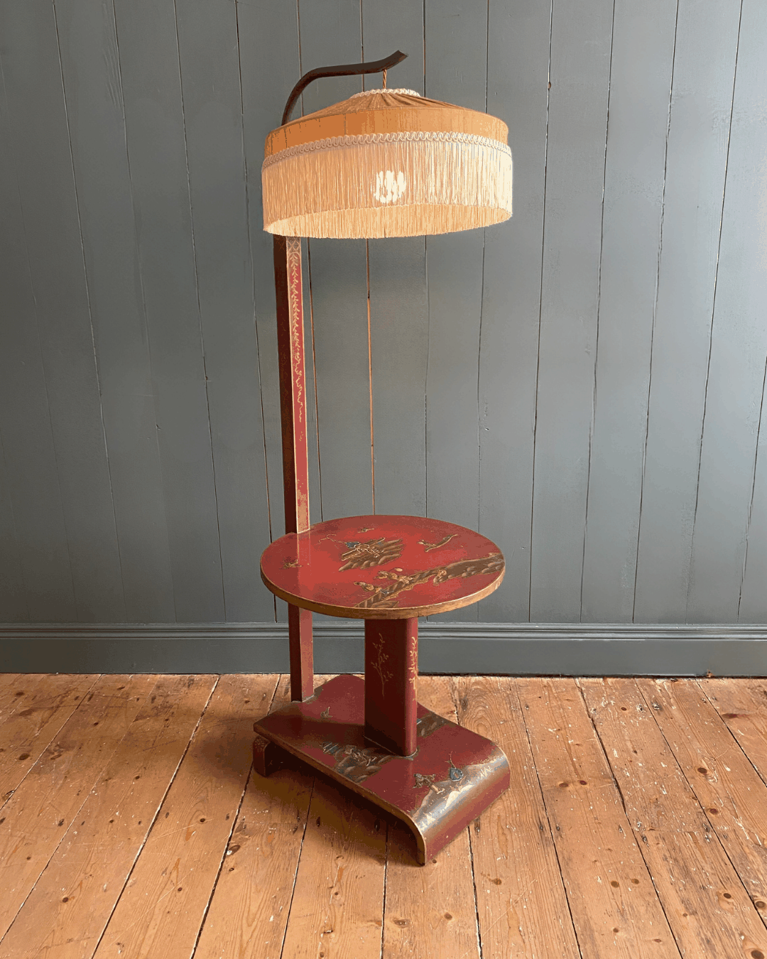 1920s Chinese Lacquered Lamp with Contemporary Silk Fringe Shade