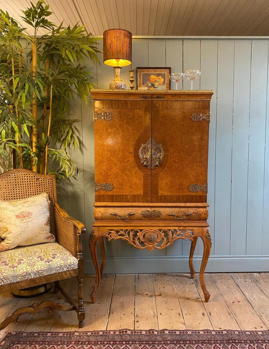1920s Queen Anne Style Burr Walnut Cocktail Cabinet