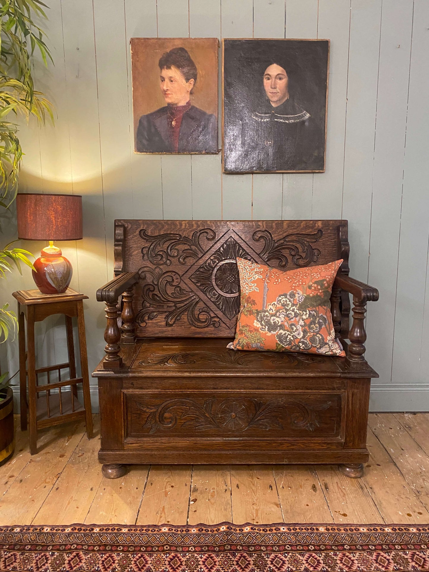 1930s Carved Oak Monks Bench