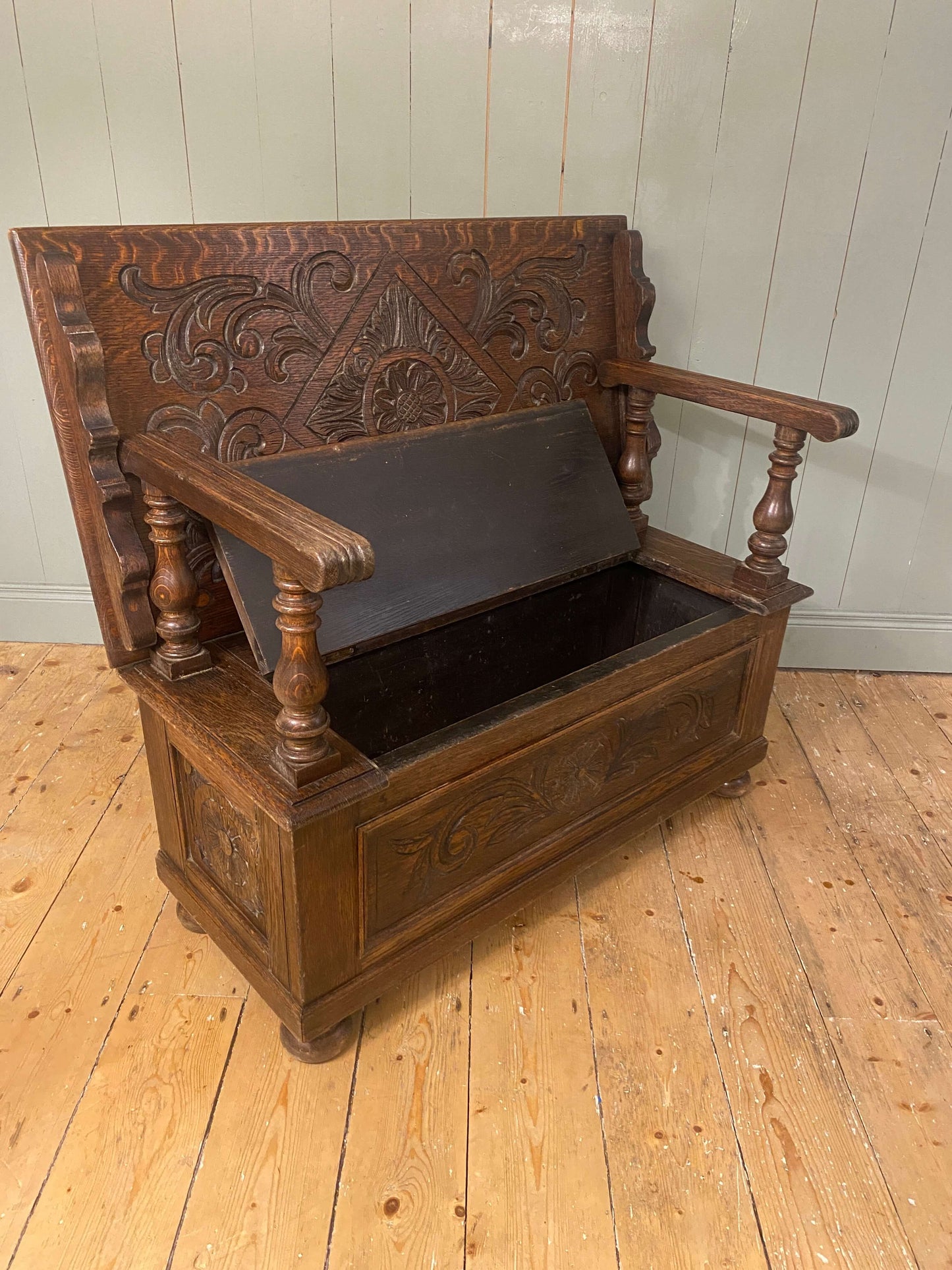 1930s Carved Oak Monks Bench