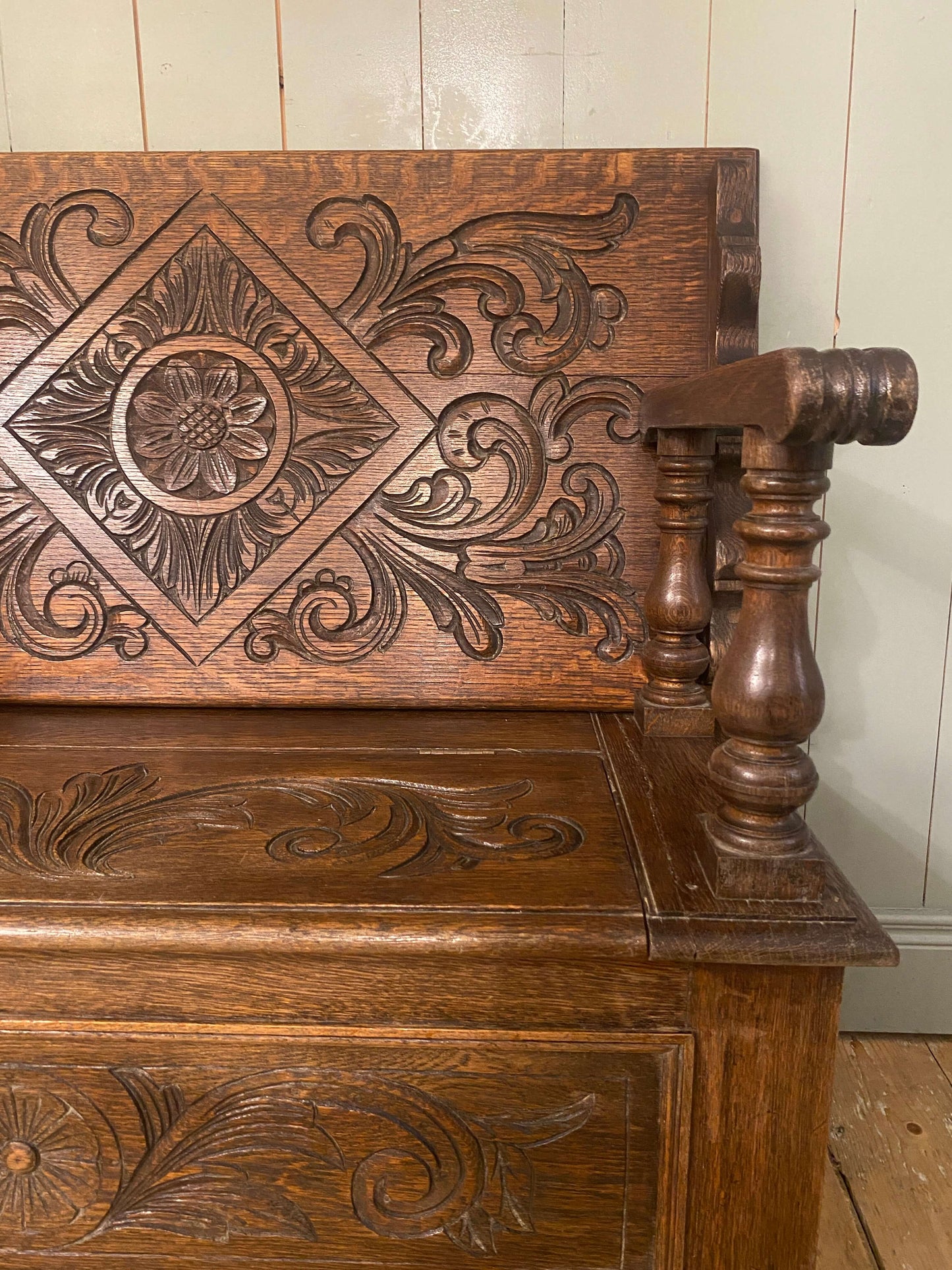 1930s Carved Oak Monks Bench
