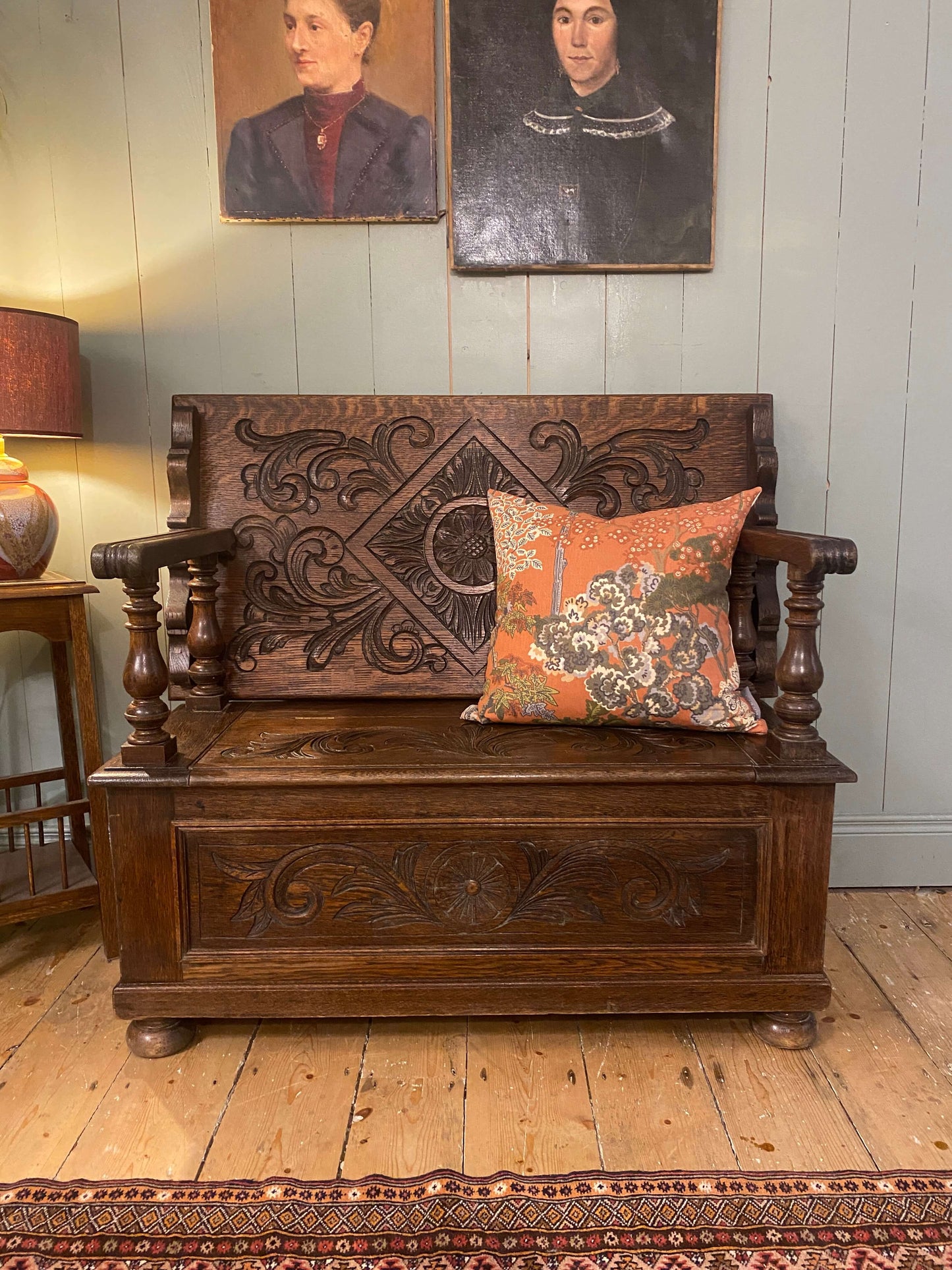 1930s Carved Oak Monks Bench