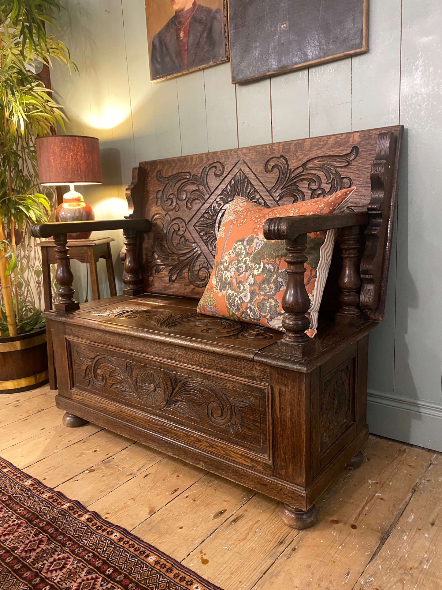 1930s Carved Oak Monks Bench