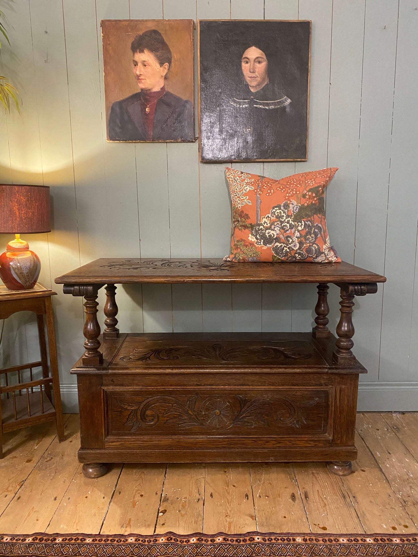 1930s Carved Oak Monks Bench