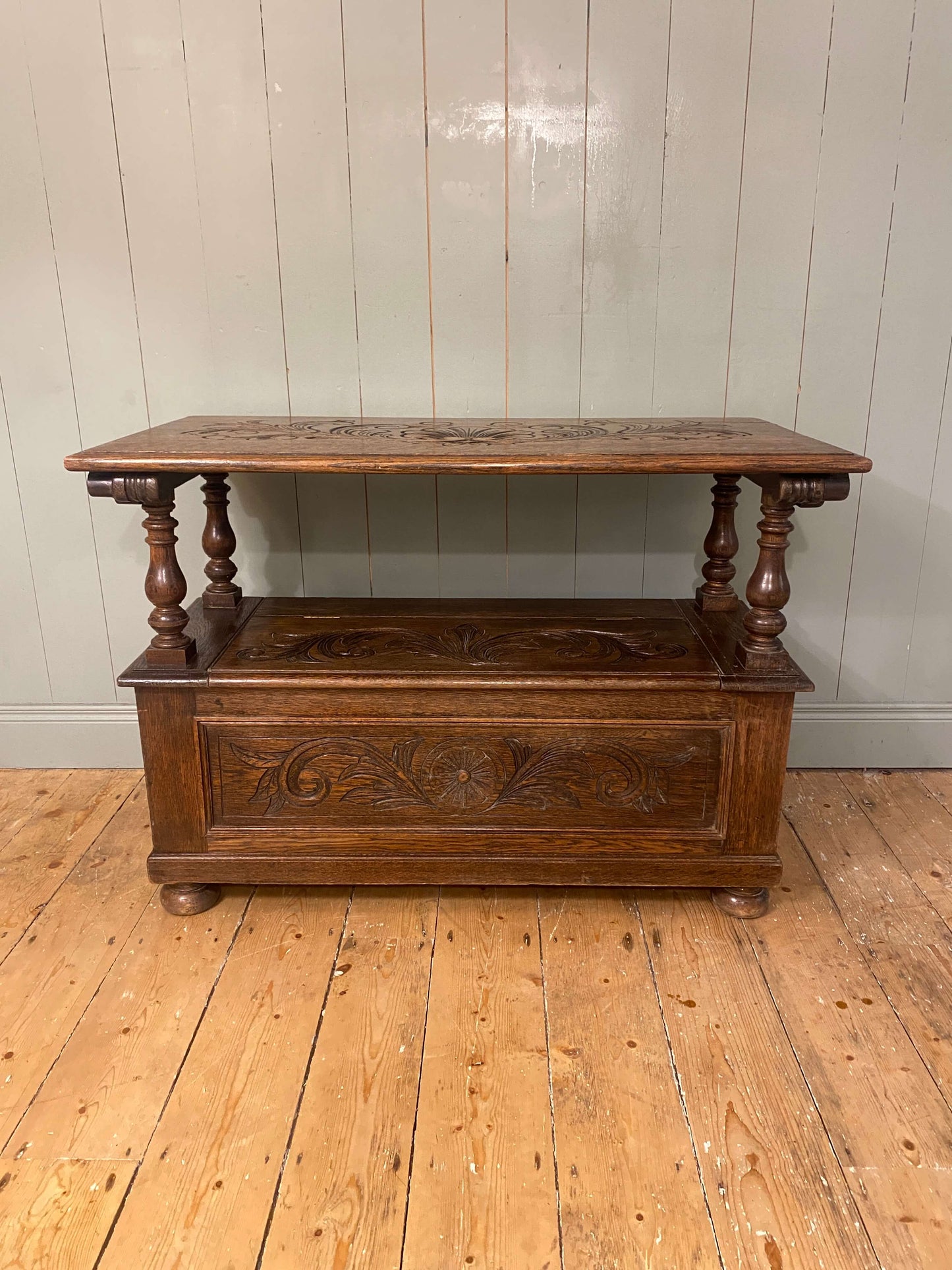 1930s Carved Oak Monks Bench