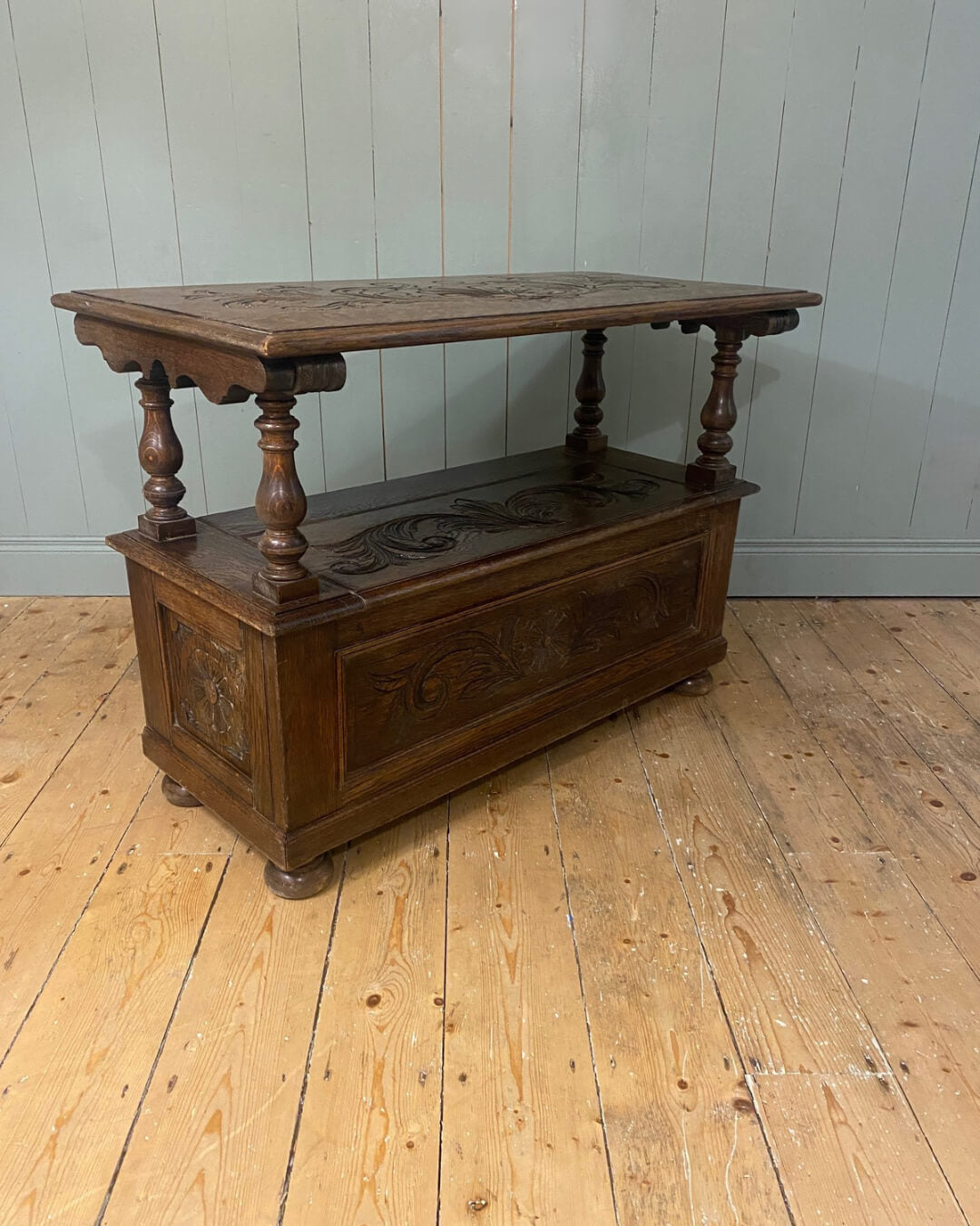 1930s Carved Oak Monks Bench