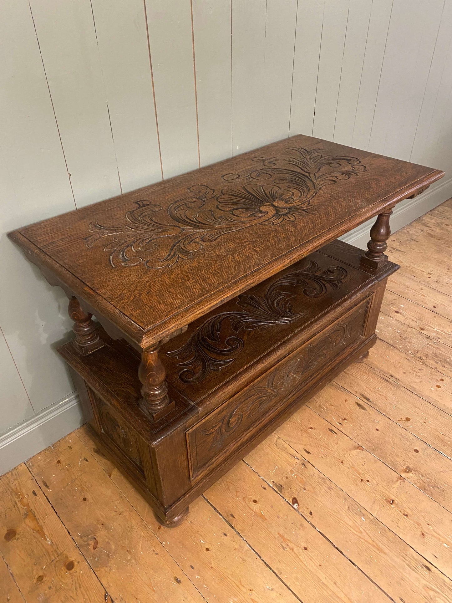 1930s Carved Oak Monks Bench