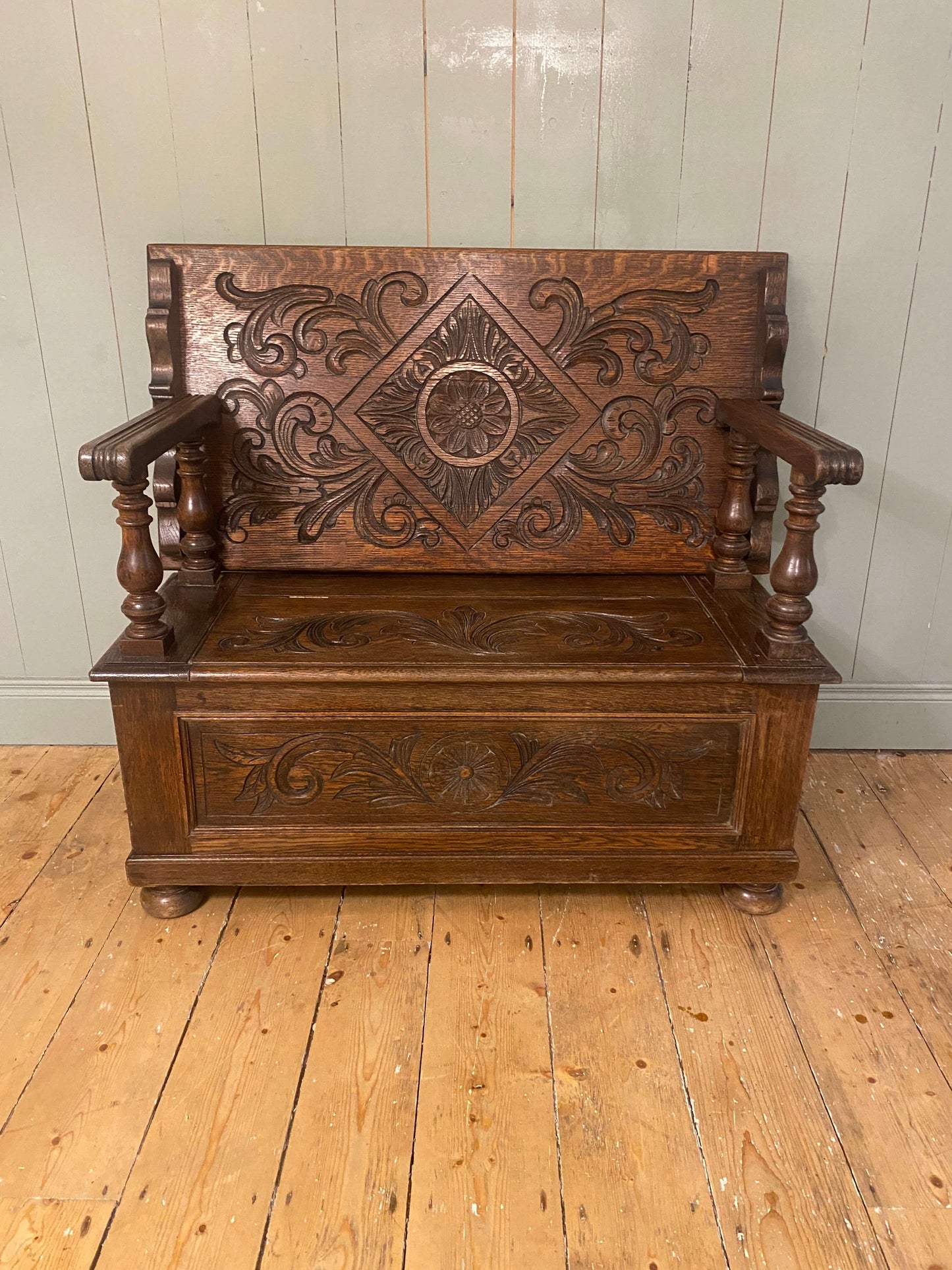 1930s Carved Oak Monks Bench