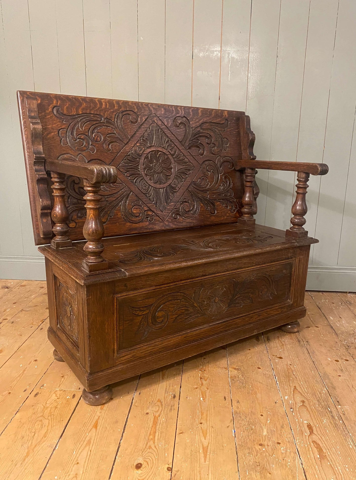 1930s Carved Oak Monks Bench