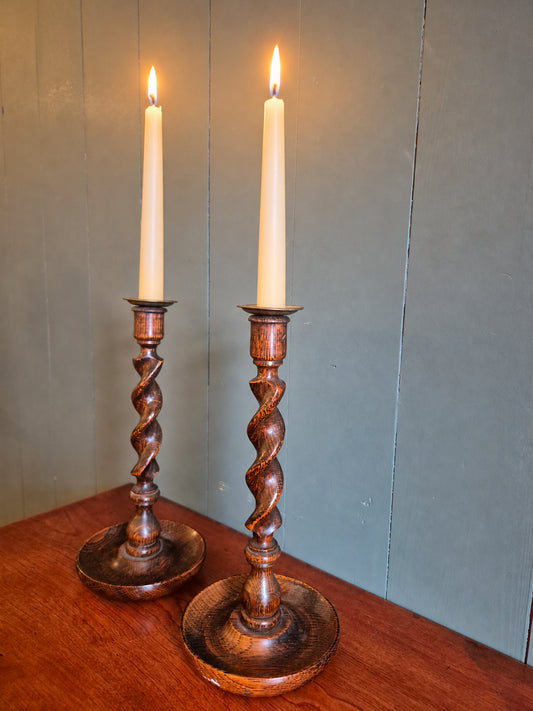 1930's Oak Barley Twist Candlesticks