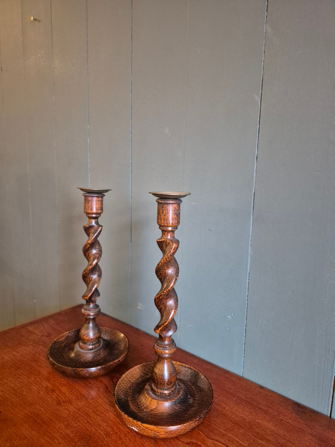 1930's Oak Barley Twist Candlesticks