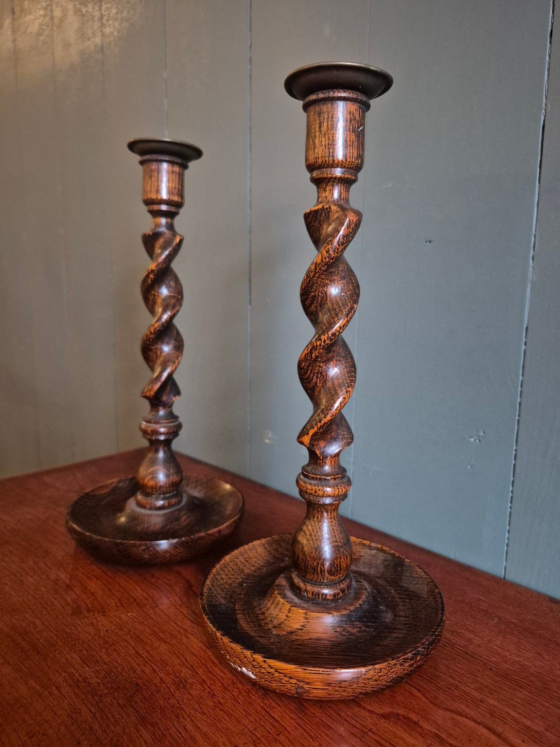 1930's Oak Barley Twist Candlesticks