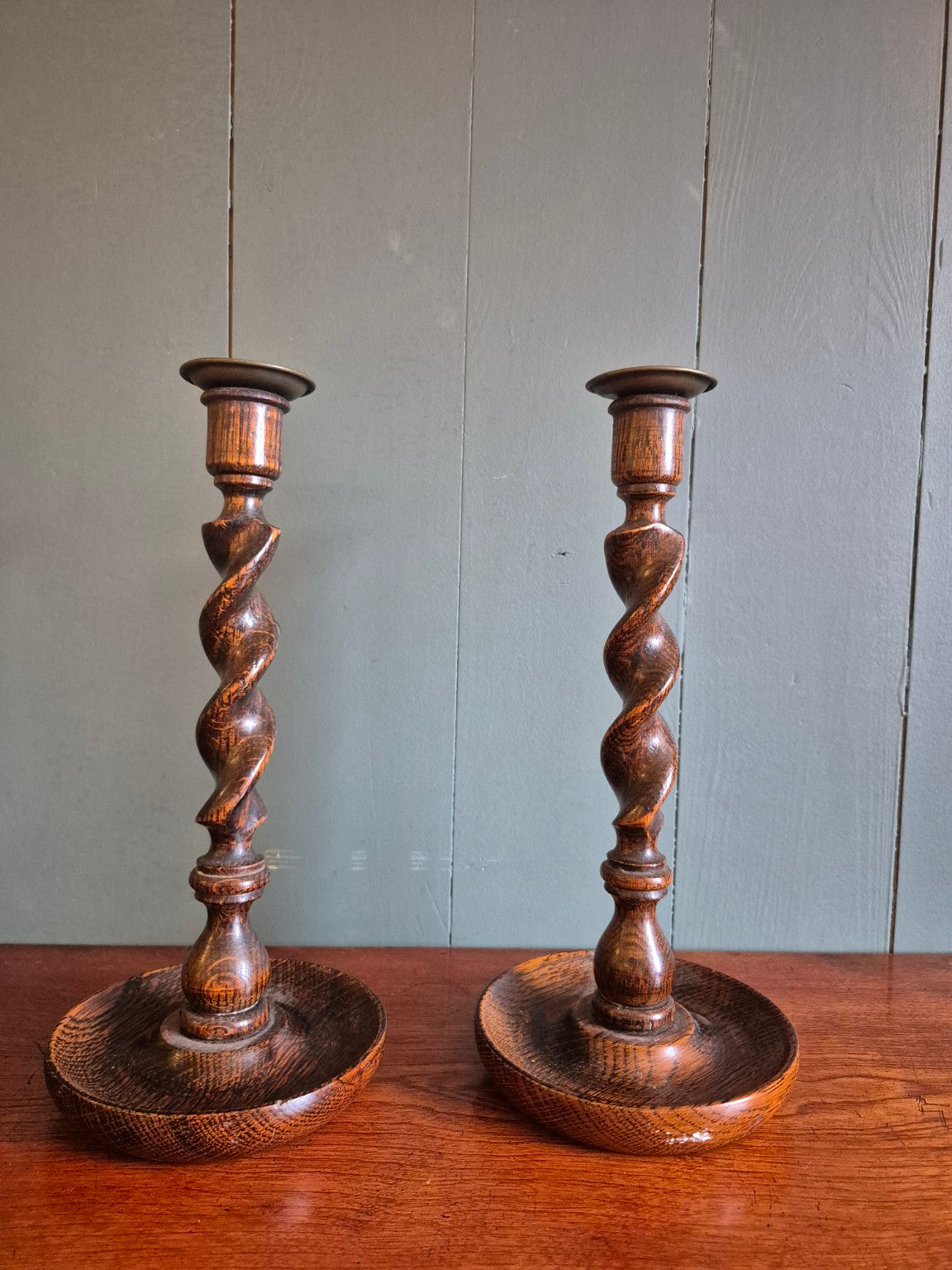 1930's Oak Barley Twist Candlesticks