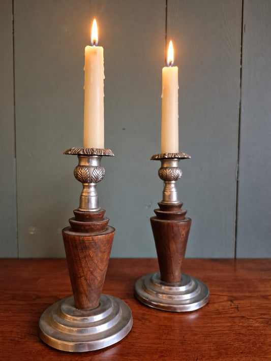 Oak and Metal Candlesticks Circa 1930s