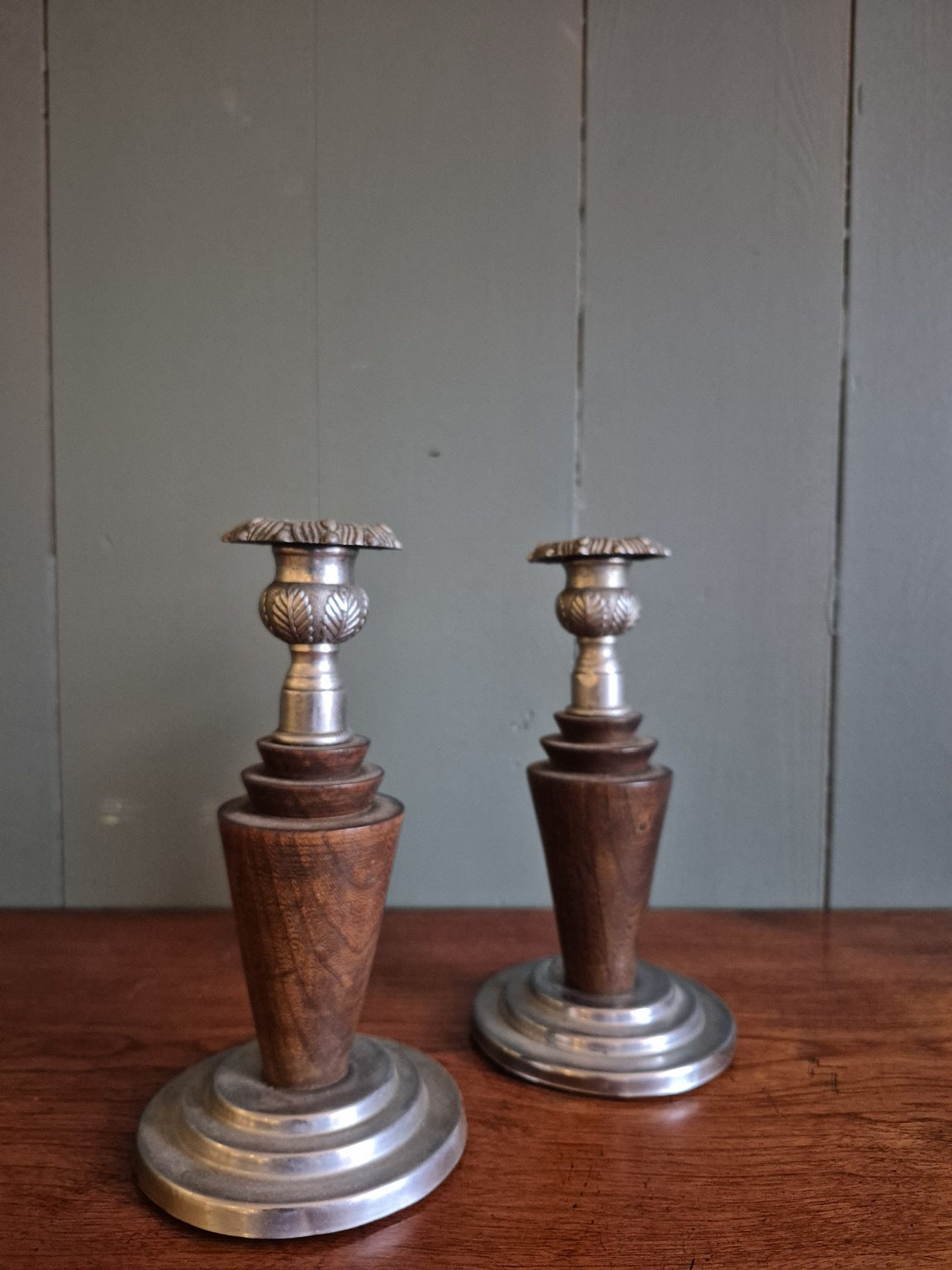 Oak and Metal Candlesticks Circa 1930s